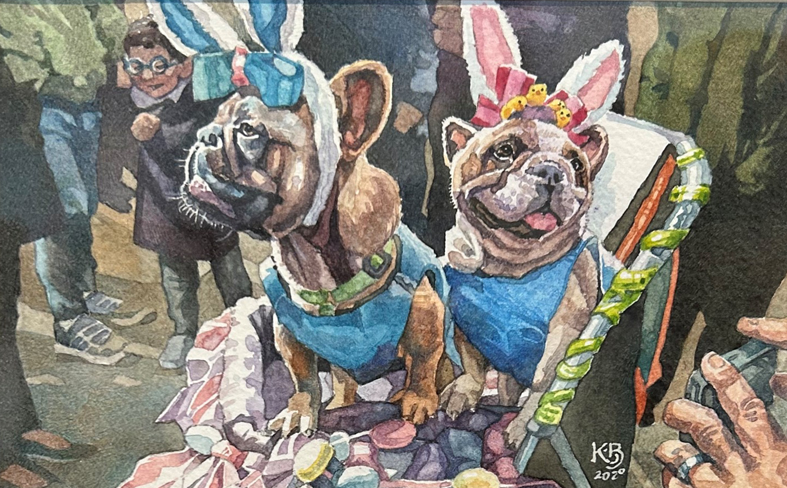art with two dogs wearing bunny ears